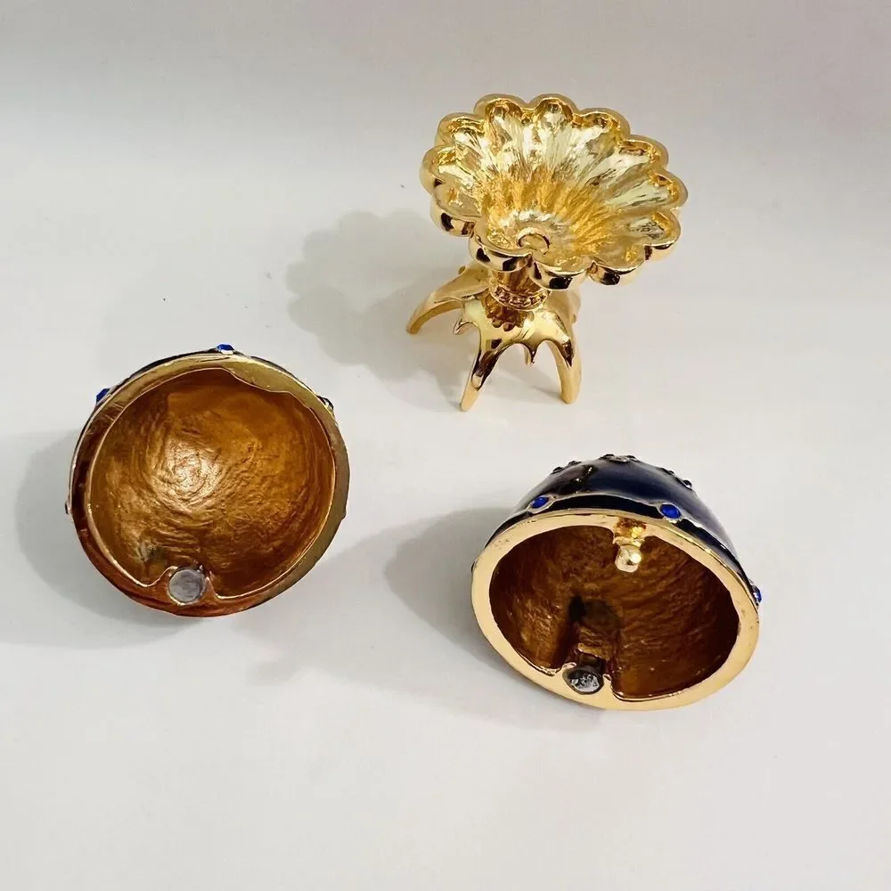 Enamel Keepsake Trinket Box Egg Cobalt Blue & Gold Tone Stand Metal Rhinestones